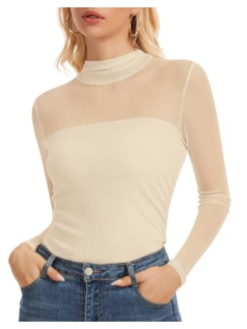 Mesh Long Sleeve Top Turtle Neck Sheer Slim Fit Women's Going Out Blouse